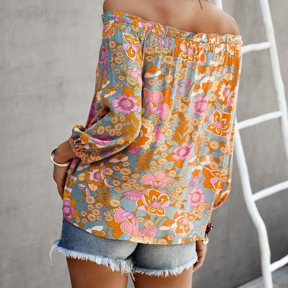 #21 Boho Floral Print Off Shoulder Blouse - Picture 4 of 15